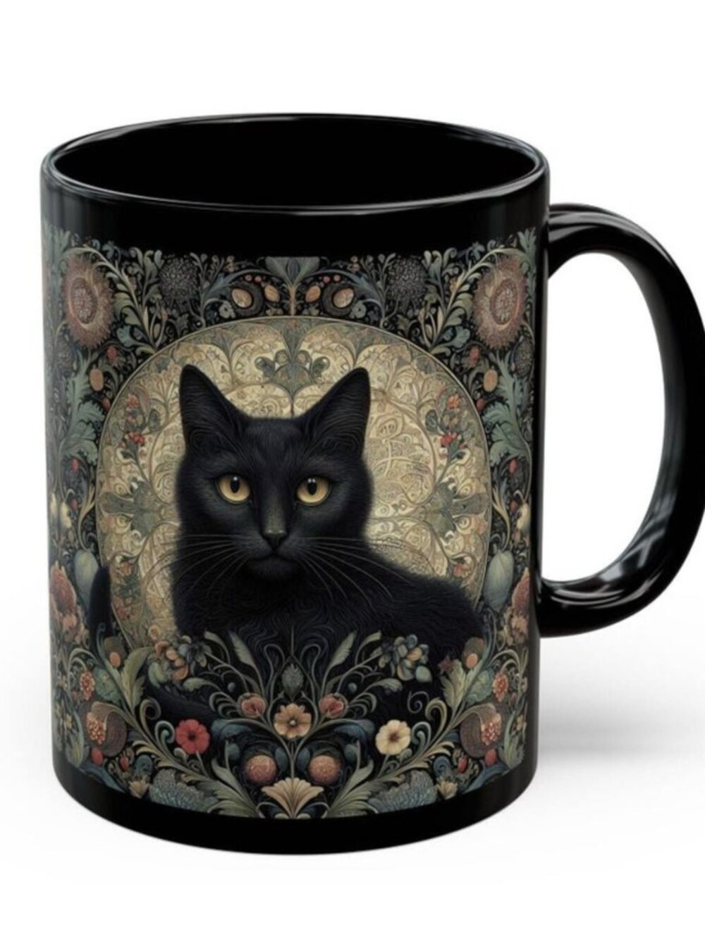 Black Cat Mug William Morris Inspired Black Coffee Mug Mystical Cat Teacup Cat L